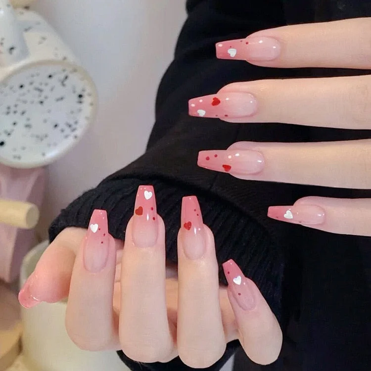 24pcs False press-on nails with a pattern Peach heart wear finished tablet nail art  removable Manicure beautiful false nails-Nail Inspo