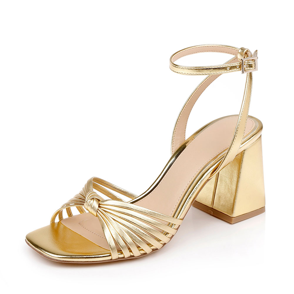 Gold Metallic Finish Knot Open Square Toe Strap Heels Sandals Nicepairs