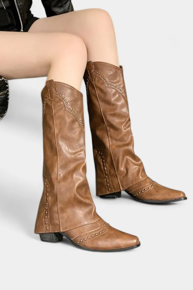 Vintage-Style Pointed-Toe Tall Boots with Studded Accents