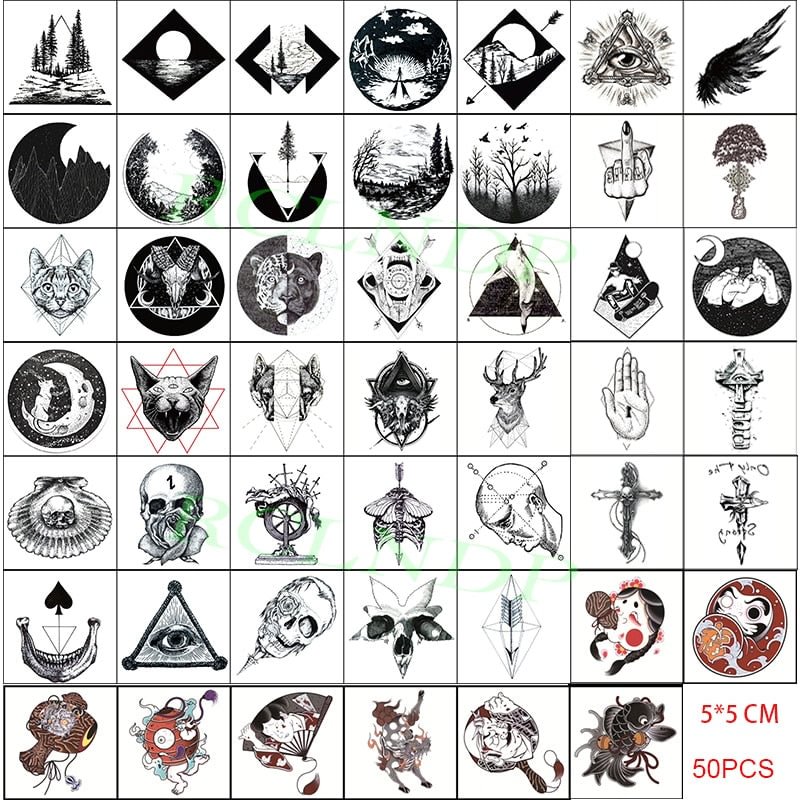 Temporary Tattoo Sticker Set Moon Skull Cross Butterfly Tatoo Flash Tatto Fake Waterproof Stickers for Men Women Girls 50 Pcs
