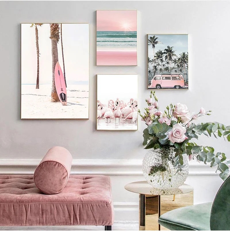 Pink Beach Flamingo Palm Tree Surfboard Wall Art Canvas Painting Nordic Posters And Prints Wall Pictures For Living Room Decor