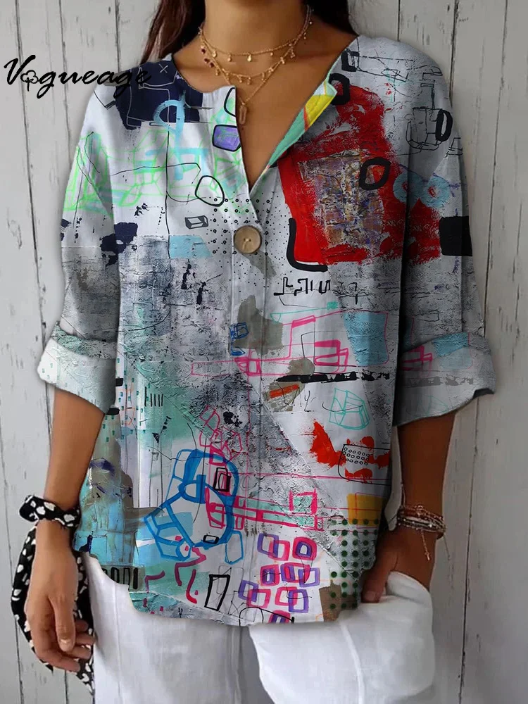 Graffiti Art Printed Cotton And Linen Women Shirt