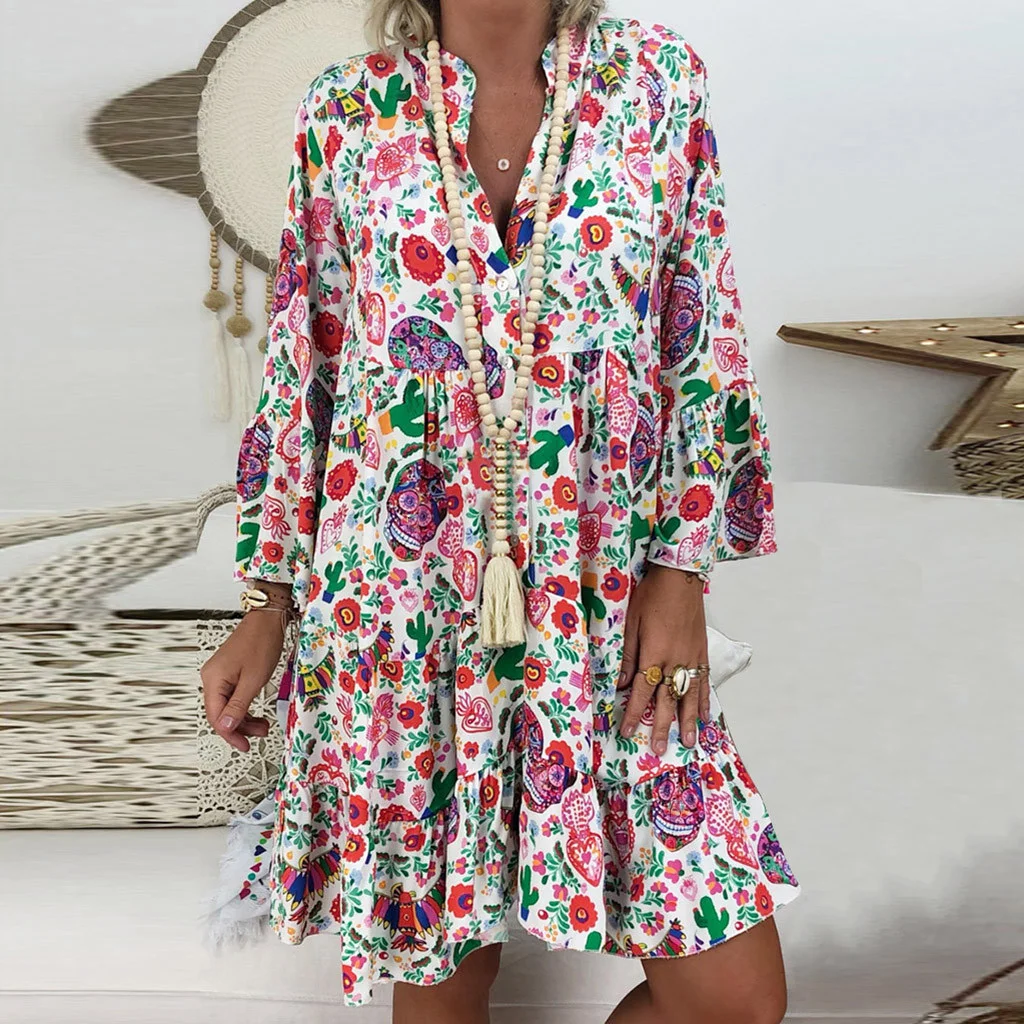 Printed Stand Collar Button Ruffle Dress