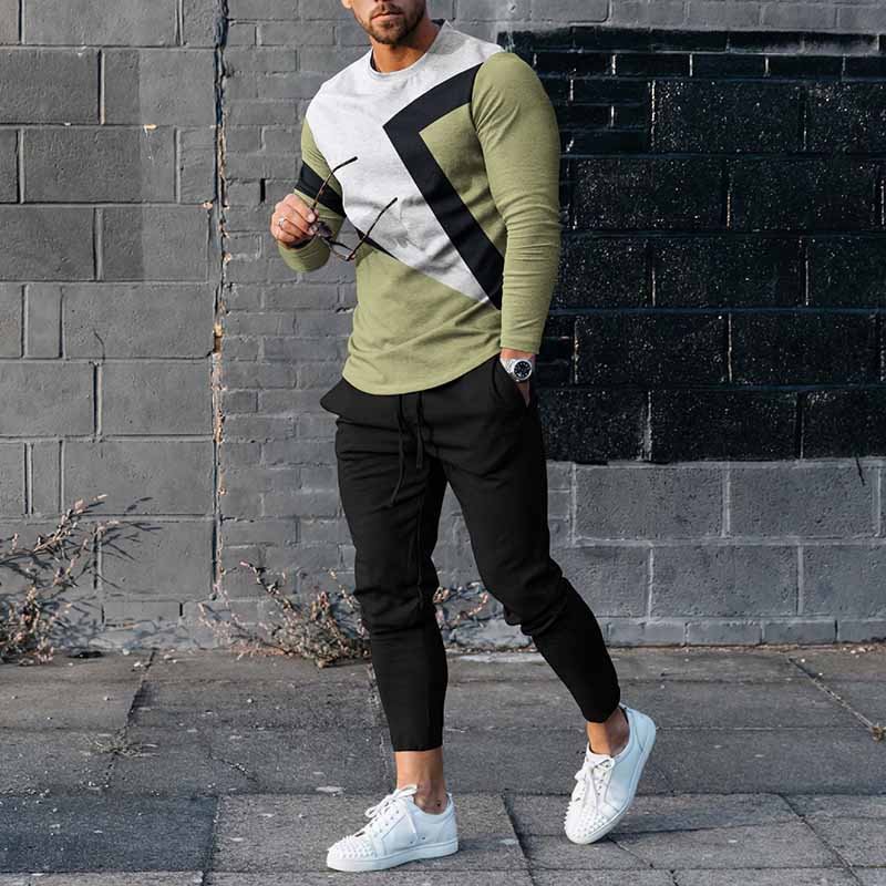 Irregular Curve Contrast Color Long Sleeve T-Shirt And Pants