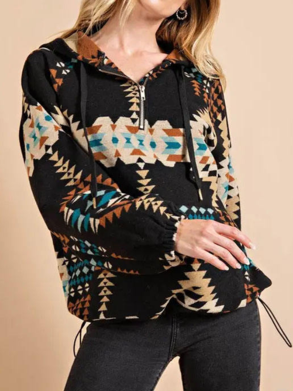 Women's Aztec Woolen Sweatshirt with Big Front Pocket Tribal Western Hooded Coat