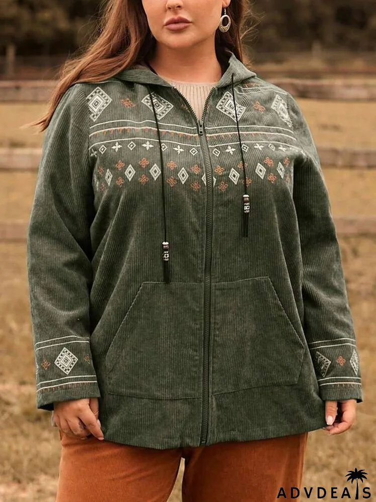 Plus Geo Print Zip Up Drawstring Hooded Coat