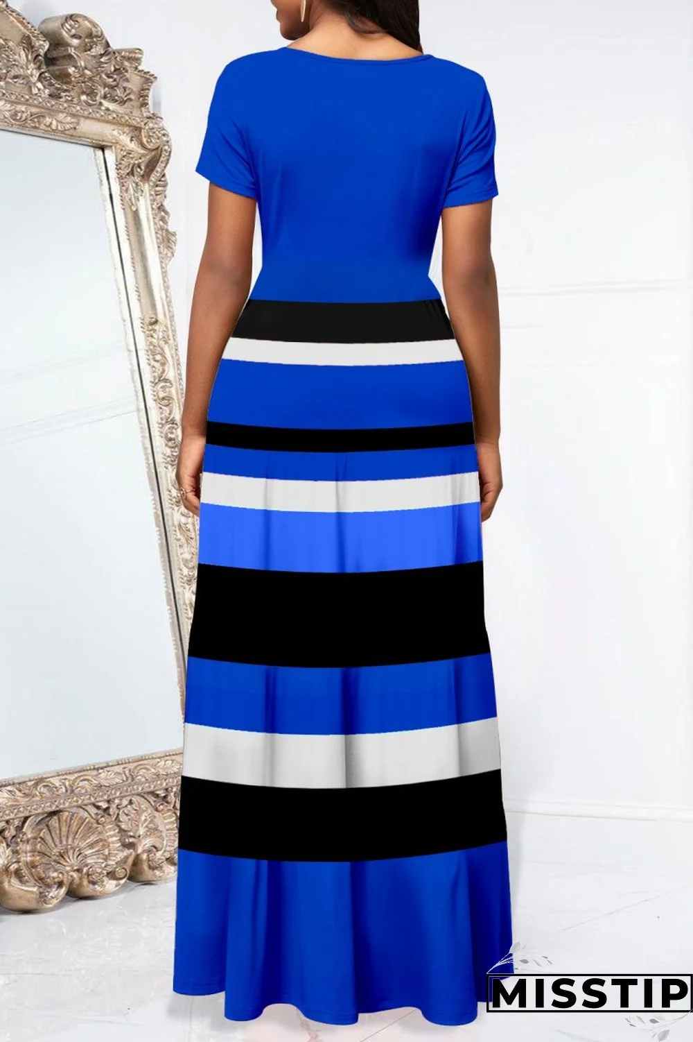 Blue Casual Print Patchwork O Neck Short Sleeve Dress Dresses