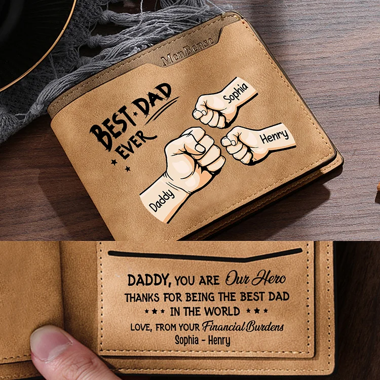 3 Names - Personalized Fist Bump Pattern Custom Text Leather Men's Wallet as a Father's Day Gift for Dad