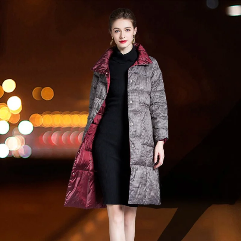 FTLZZ Women Double Sided Down Long Jacket Winter Stand Collar 90% White Duck Down Coat Single Breasted Thick Warm Snow Outwear