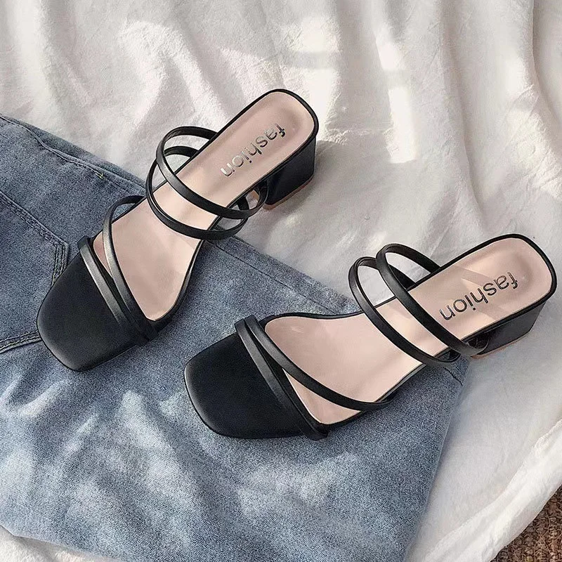 Breakj Breakj Fine Sandals Women 2025 New Medium Heds Of Cool Slippers Women Wear Coarse Heel With Women's Shoes Korean Version Of The Square Head