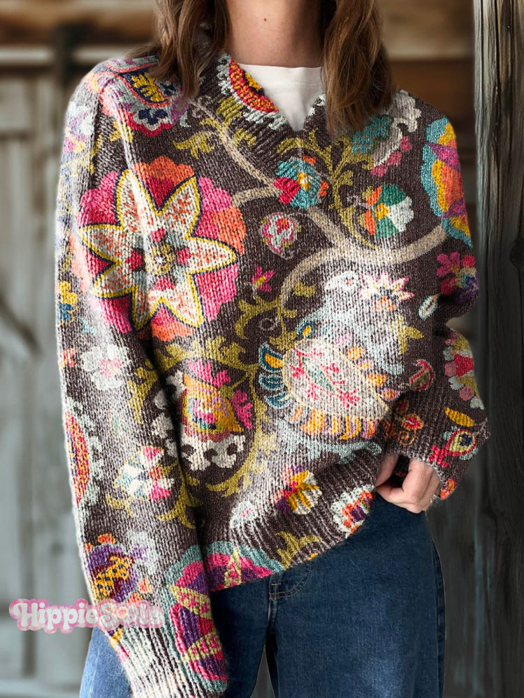 Women’s Boho Retro Floral Print Casual V-Neck Pullover Knit Multicolor / M