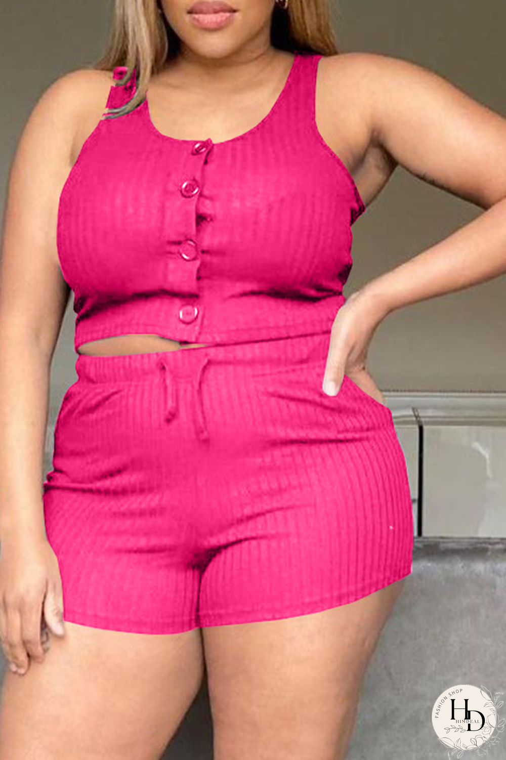 Pink Sexy Solid Buckle O Neck Sleeveless Two Pieces