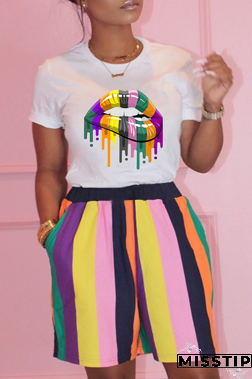 Black Casual Striped Lips Printed Patchwork O Neck Short Sleeve Two Pieces