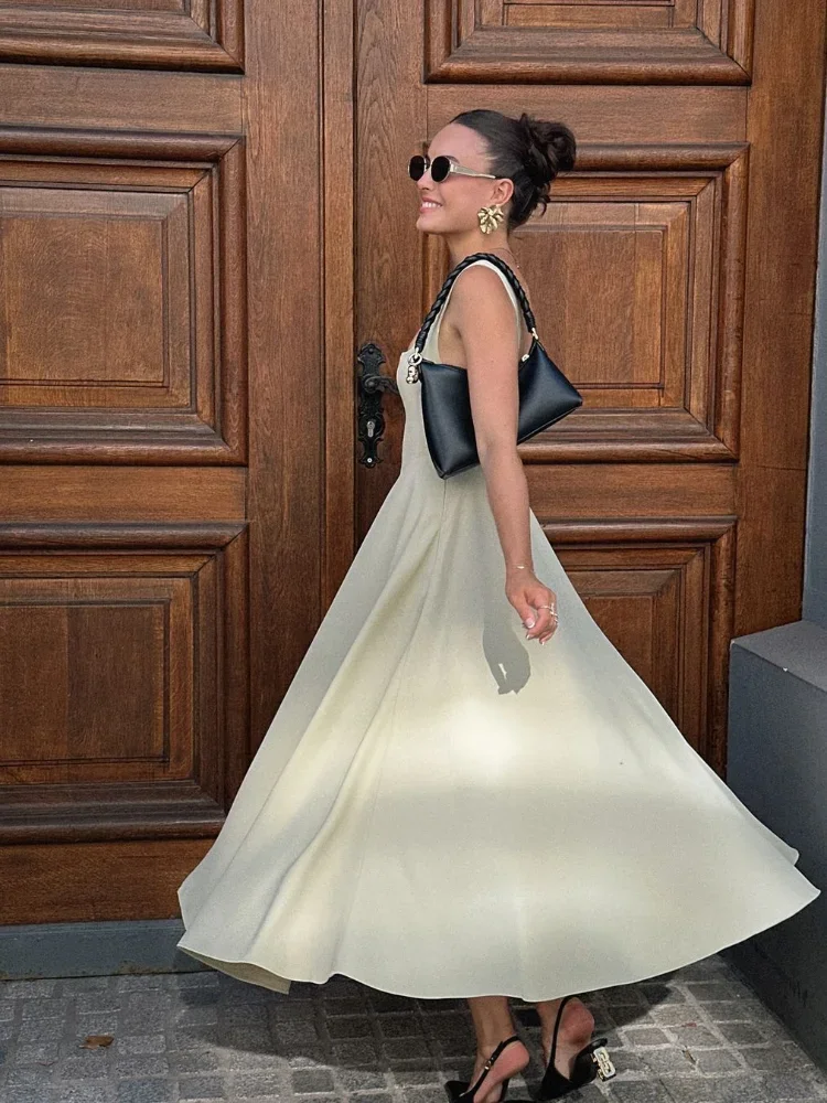 Women's Fashion Elegant White High Waist Square Neck Sleeveless A-line Midi Dress