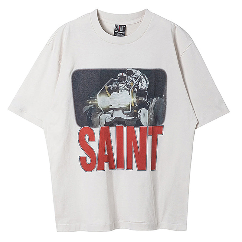 Saint  Cartoon Casual Street Vintage Washed T-Shirt