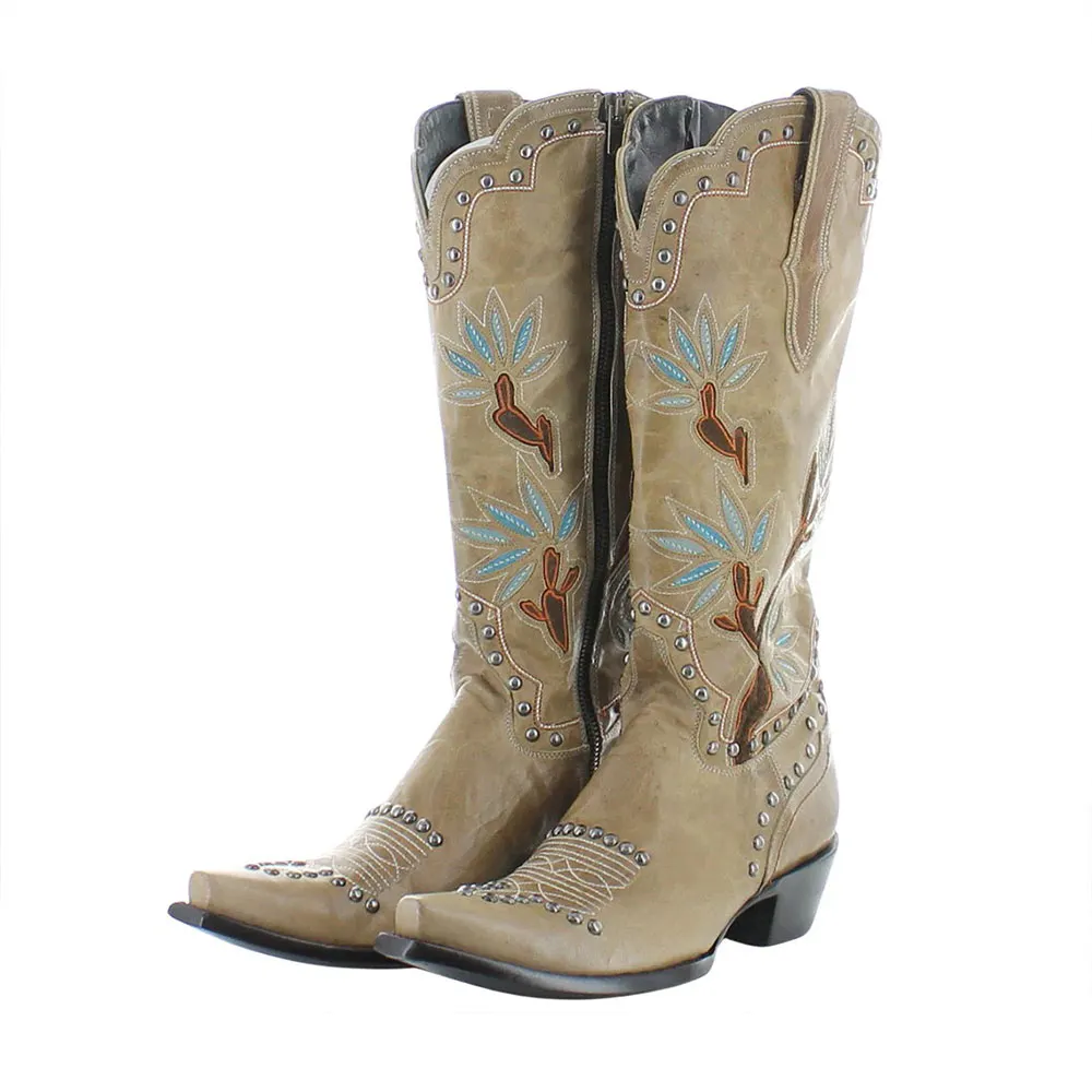 Khaki Cactus Inlay Studded Snip Toe Embroidered Cowgirl Boots