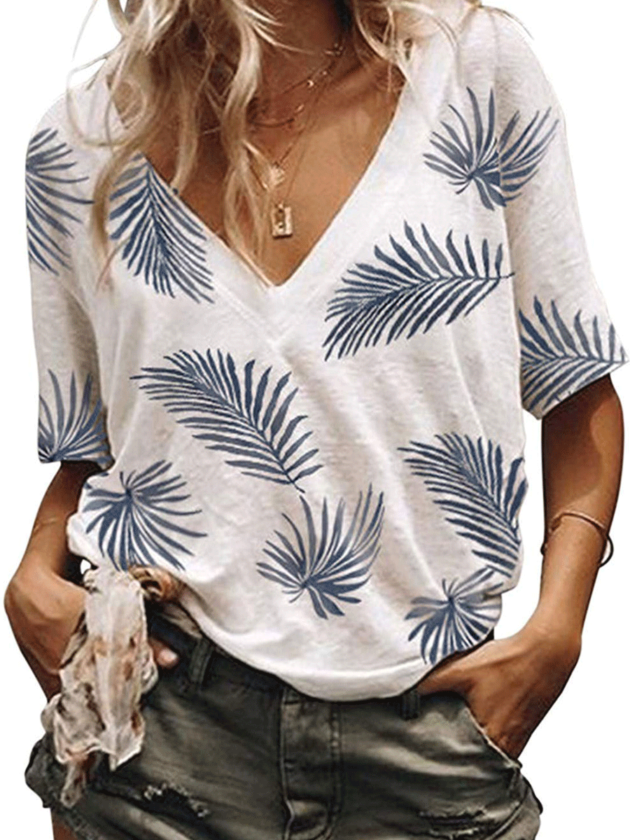 V-neck Loose Short Sleeve Leaf Print T-shirt