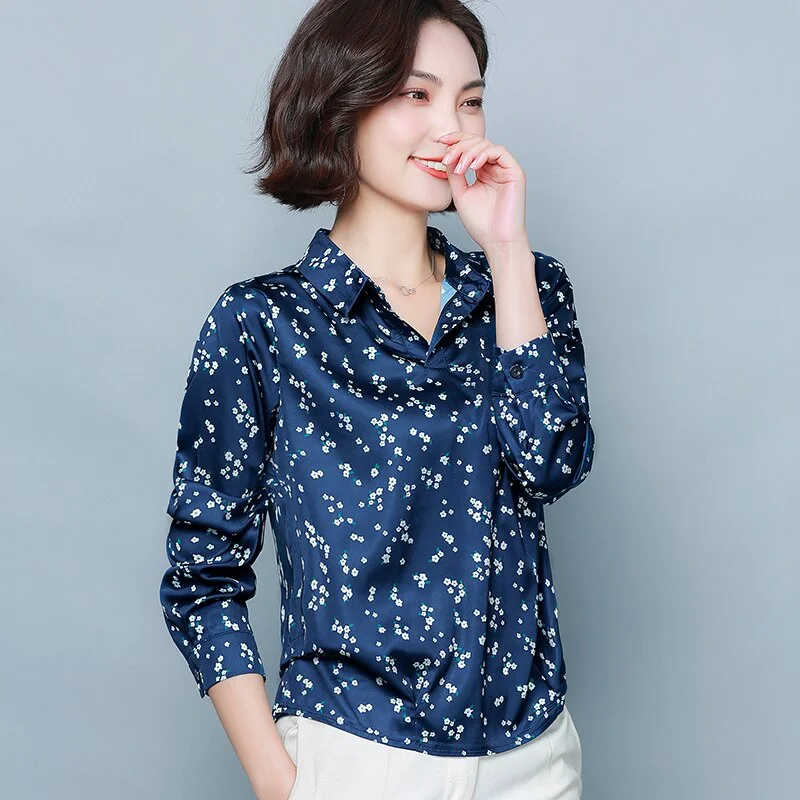 Fashion New Long Sleeve Retro Print Shirt Women Elegant Silk Blouse Office Lady Korean Loose Clothes Plus Size Satin Blusas 8333