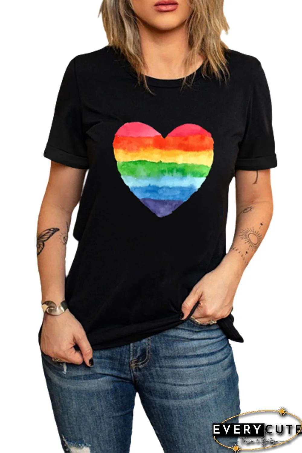 Black Rainbow Heart Watercolor Graphic Tee