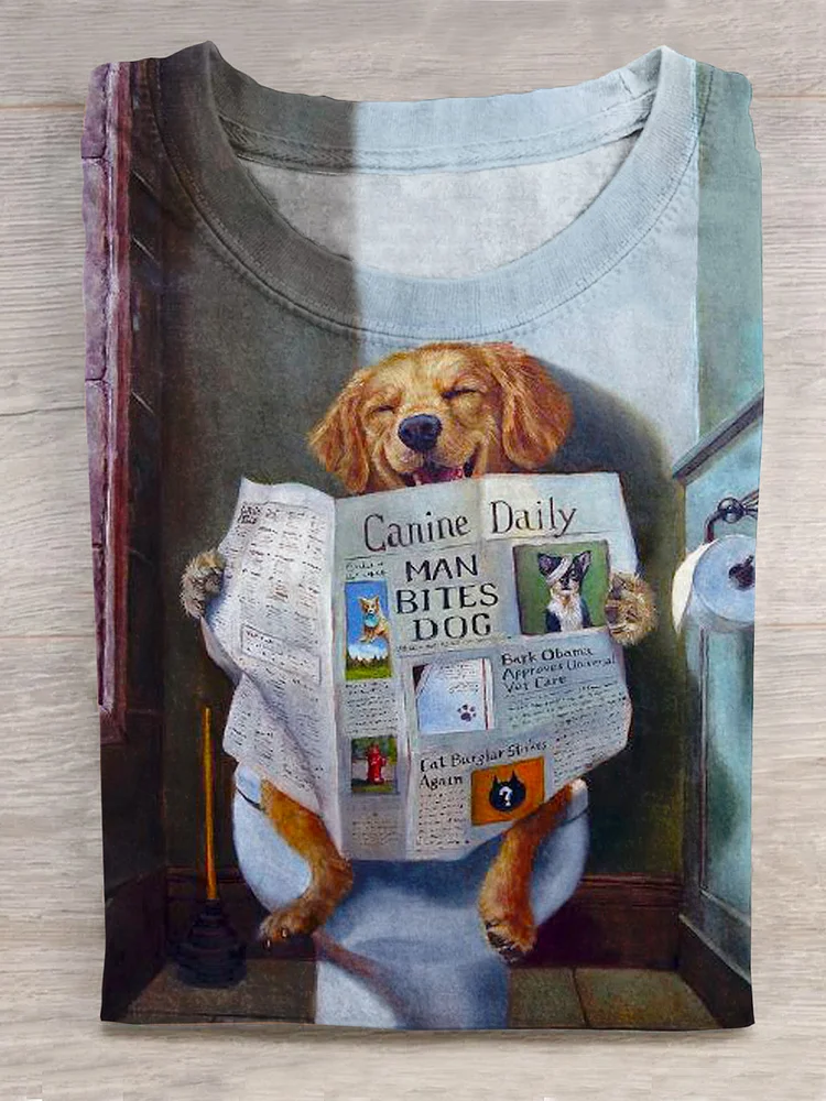 Funny Dog Reading Newspaper Art Print Casual T-shirt
