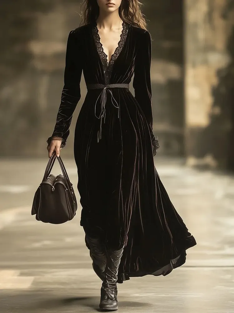 V-Neck Lace Panel Solid Long-Sleeved Maxi Dress
