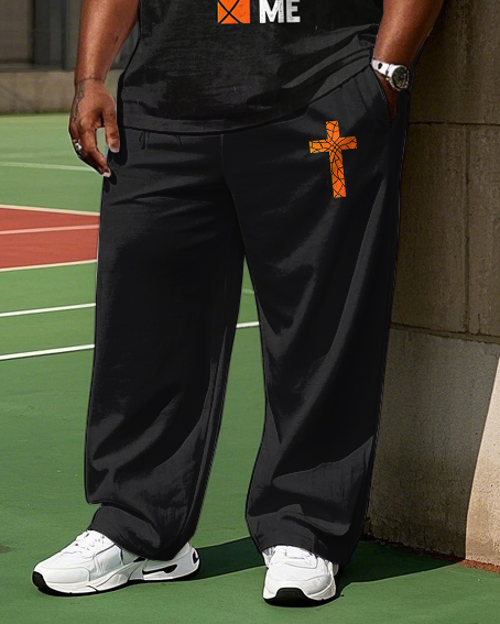 Big Men's Basketball Fabric Cross Funny Letter Printed Short Sleeve T-shirt Pants Set