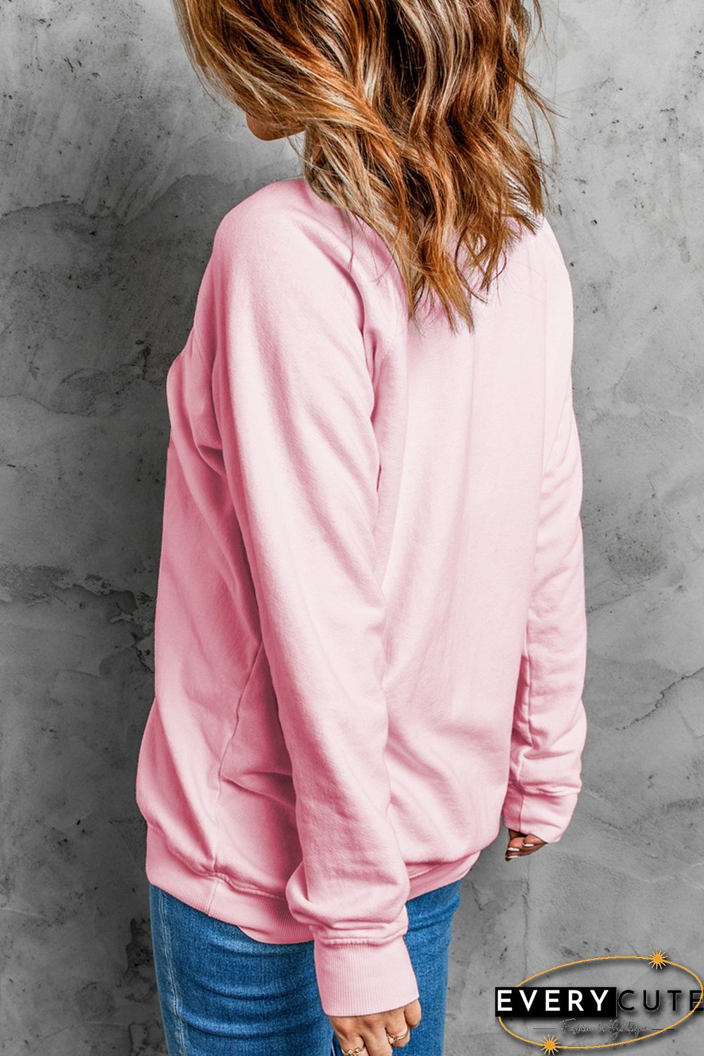 Pink WOMAN UP Drop Sleeve Crewneck Pullover Sweatshirt