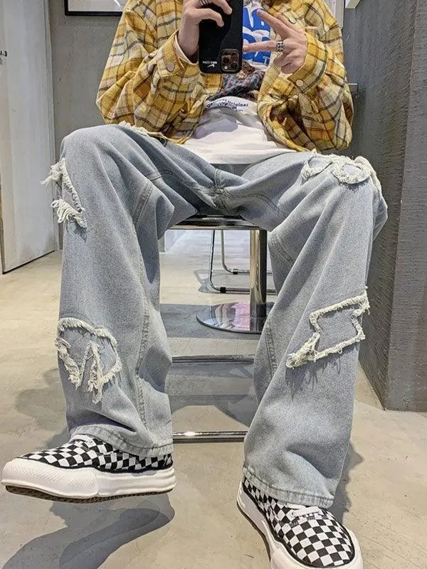 Brownm Men's Heart Patched Straight Leg Jeans