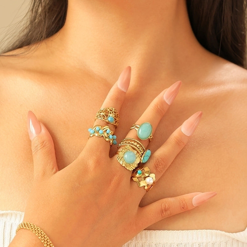 Elegant Vintage Style Minimalist Oval 304 Stainless Steel Turquoise 14K Gold Plated Plating Hollow Out Stainless Steel Rings