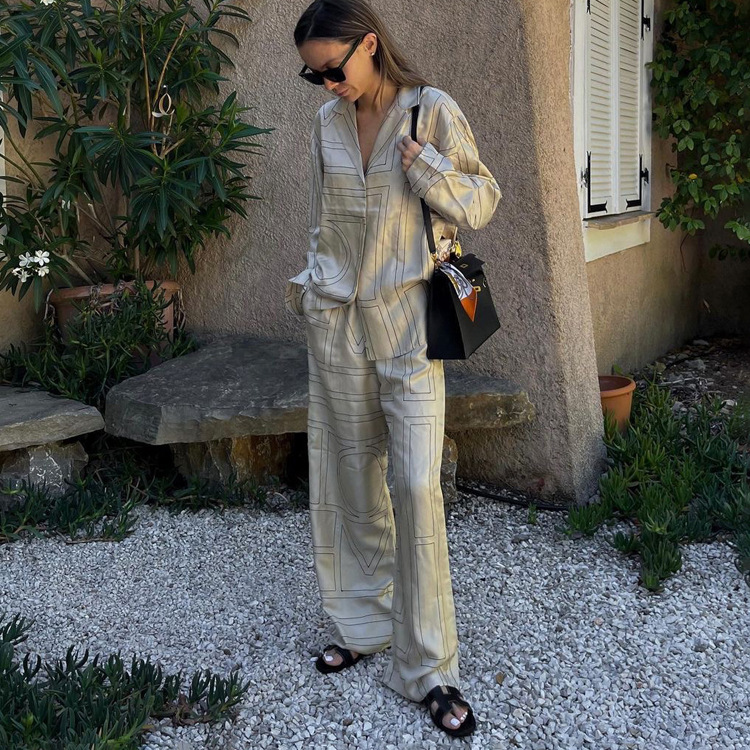 Ootddress Casual Patchwork Printed 2 Piece-Set For Women Trousers Fashion Lapel Shirts Nightwear Slim High Waist Women's Pants Sets