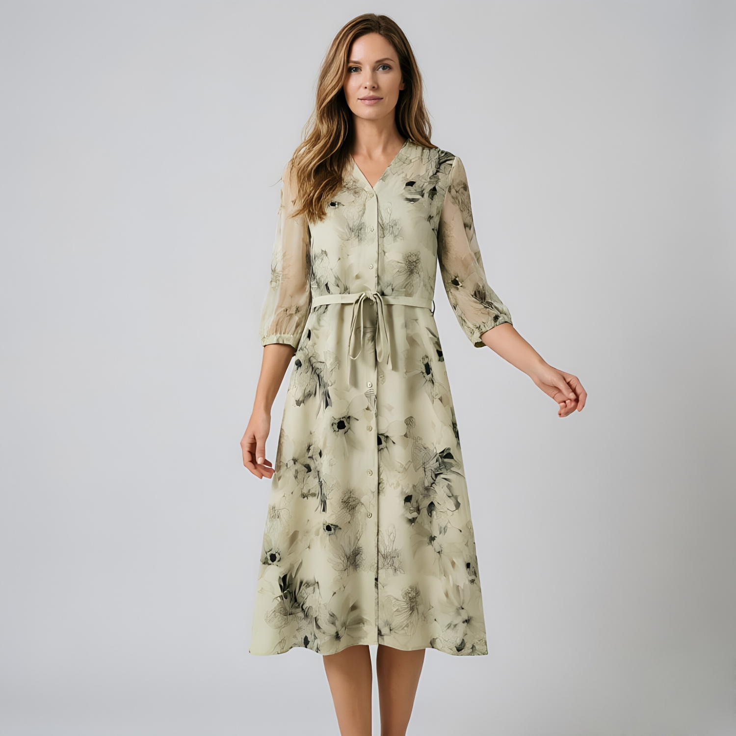 100% Mulberry Silk Dress Floral Print 3/4 Sleeve REAL SILK LIFE