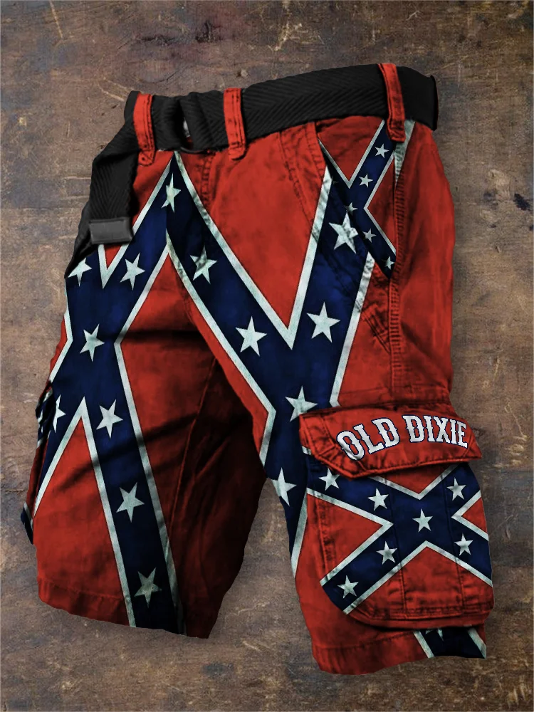 Men's Old Dixie Rebel Flag Patchwork Cargo Shorts