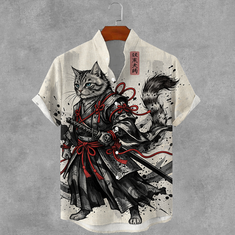Men's Vintage Japanese Dragon & Cat Print Casual Shirt elevenforest