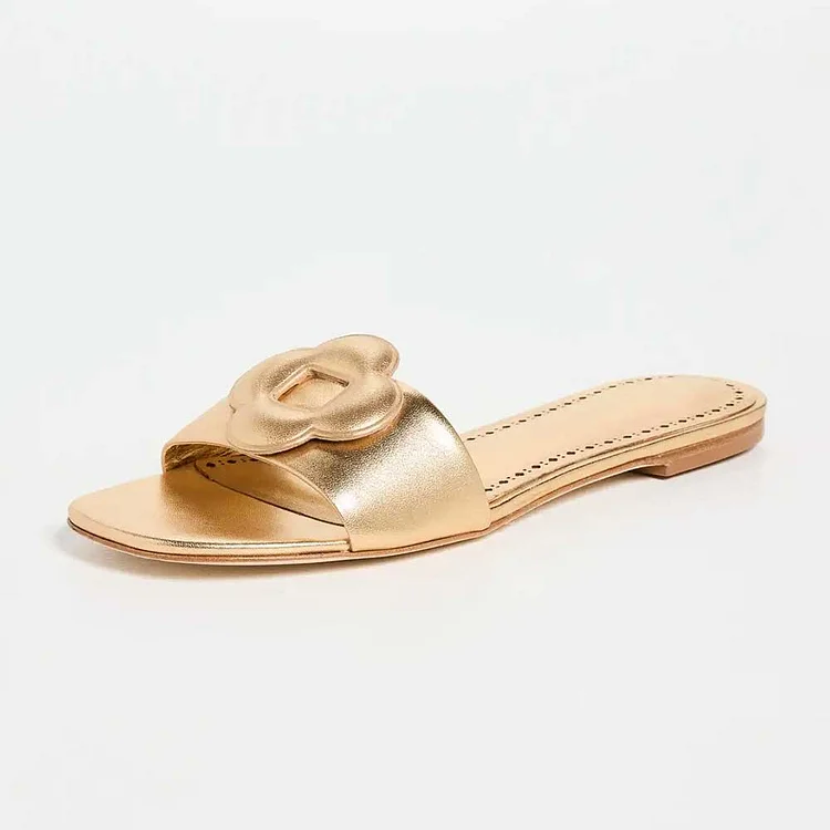 Gold Metallic Open Toe Floral Decor Flat Mules Sandals for Women |FSJ Shoes