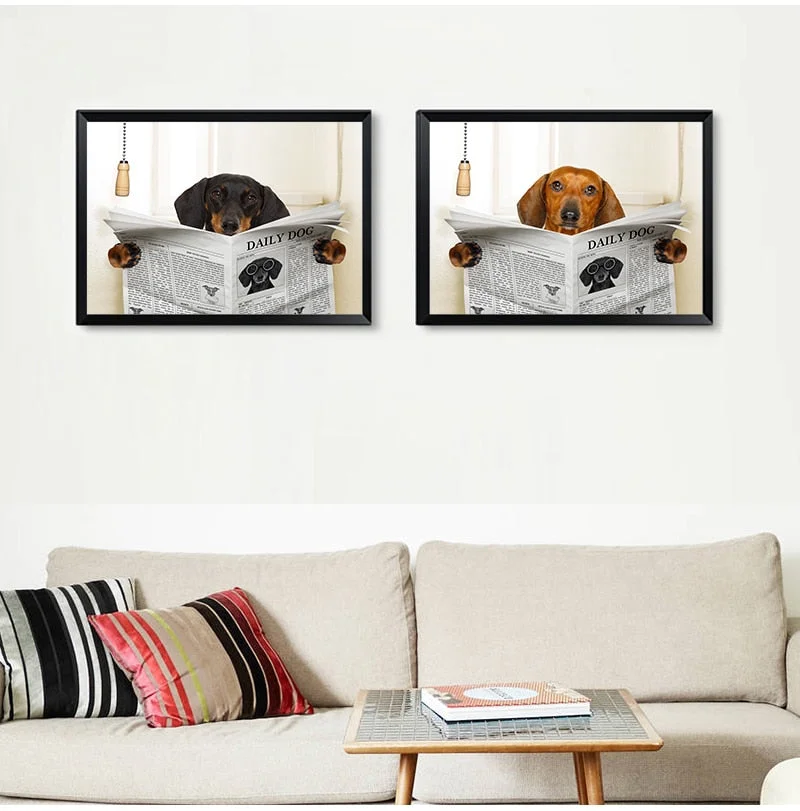 Dog Reading Newspaper Toilet Wall Art Canvas  Prints Funny Dog Painting Wall Picture Home Bathroom Decor Dogs Lover Gift