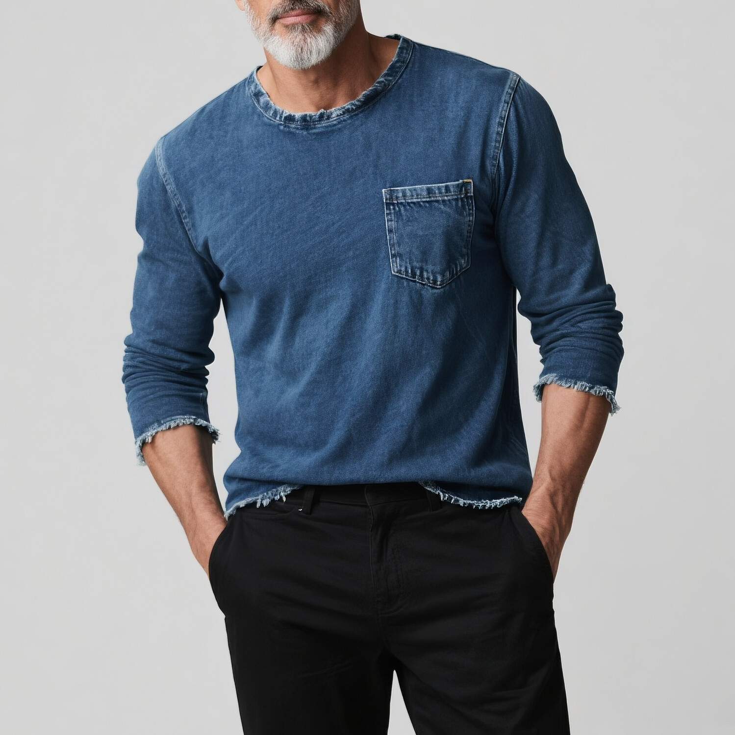 Men's Casual Round Neck Long Sleeve Chest Pocket Raw Edge Denim T-Shirt