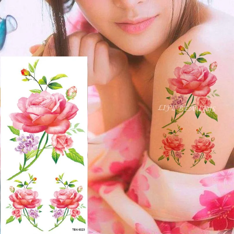 Sdrawing Temporary Flower Tattoos Women Fashion Beauty Rose Butterfly Flash 3D Fake Tattoo Arm Sleeve Pink Blue Sticker Girl