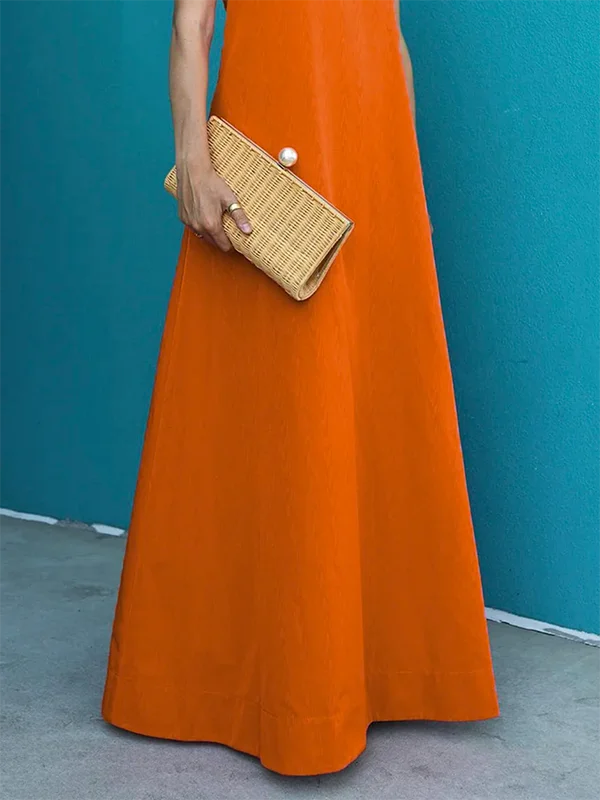 High-low Short Sleeves Buttoned Solid Color Round-neck Maxi Dresses