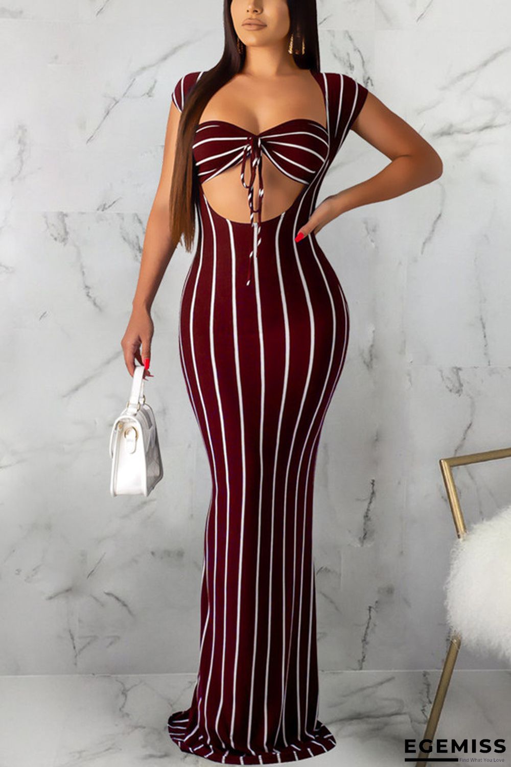 Wine Red Sexy Fashion Solid Slim fit Striped Regular Sleeveless Two-Piece Dress | EGEMISS