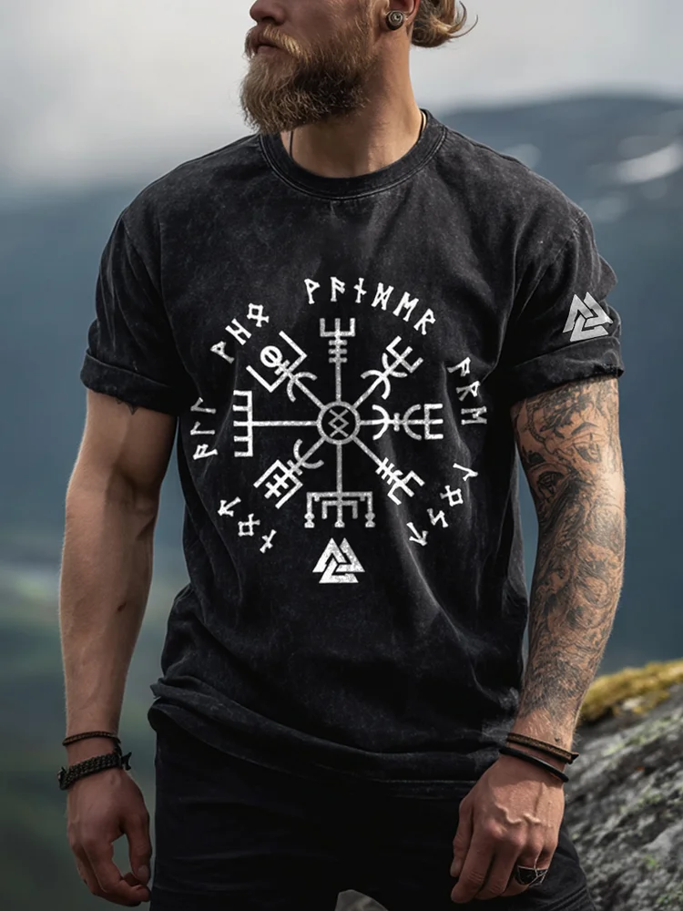 Wikinger inspirierte Druck gewaschene T-Shirt für Männer