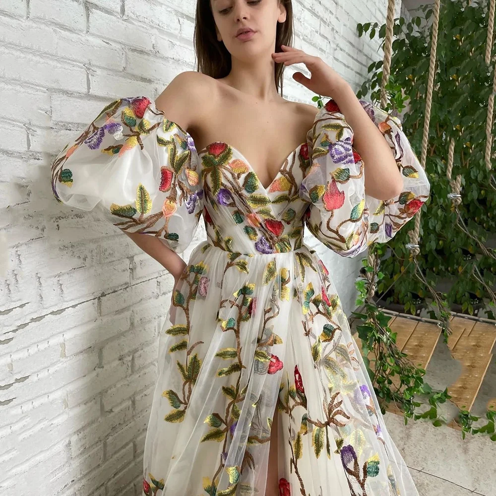 Uveng Uveng Spring And Summer New Women's Dress A Word Shoulder Open Fork Embroidery Temperament Mesh Dress