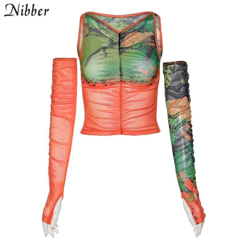 Nibber fashion National wind tie-dye mesh yarn T-shirt for women summer thin crop top  high quality Sleeve design tees mujer