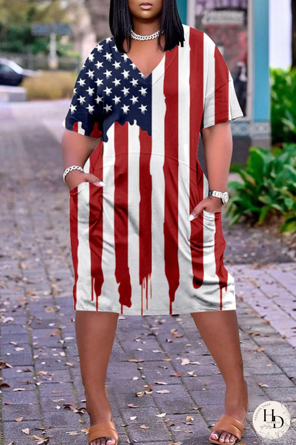 White Blue Red Casual Print Patchwork V Neck Dresses