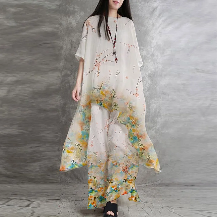 Loose Cotton And Linen Short Sleeve Printed Top And Pants Suits