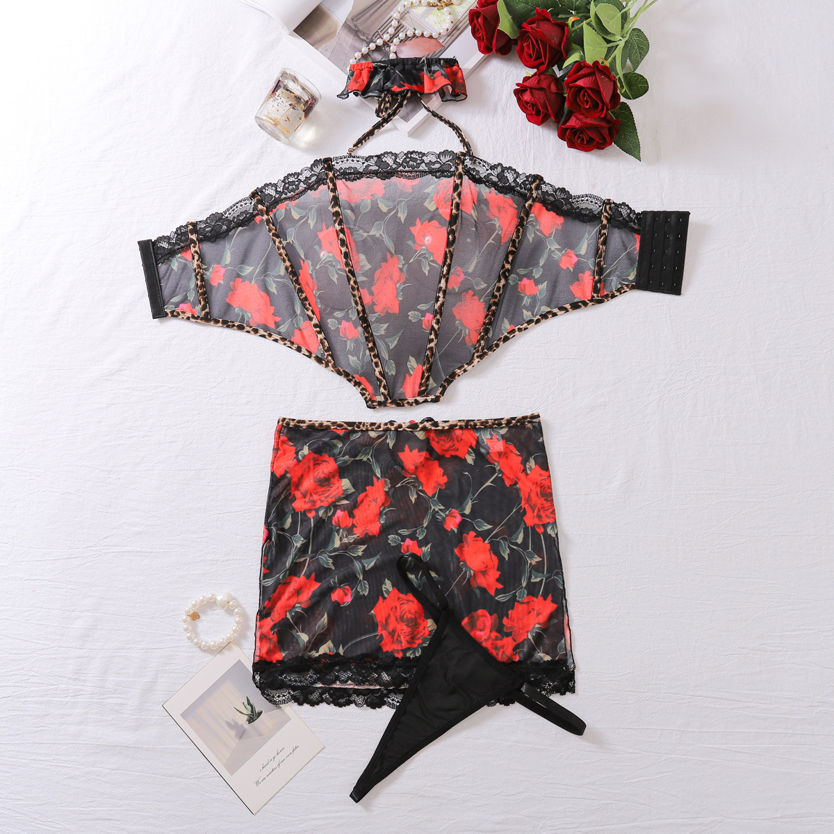 Lovingerie - Sexy Slimming Comfortable Mesh Printed Erotic Lingerie Underpants Four-Piece Set