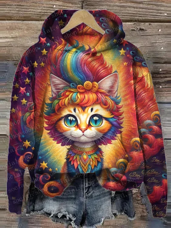 Women's Goodnight Cat Print Loose Hooded Sweatshirt socialshop