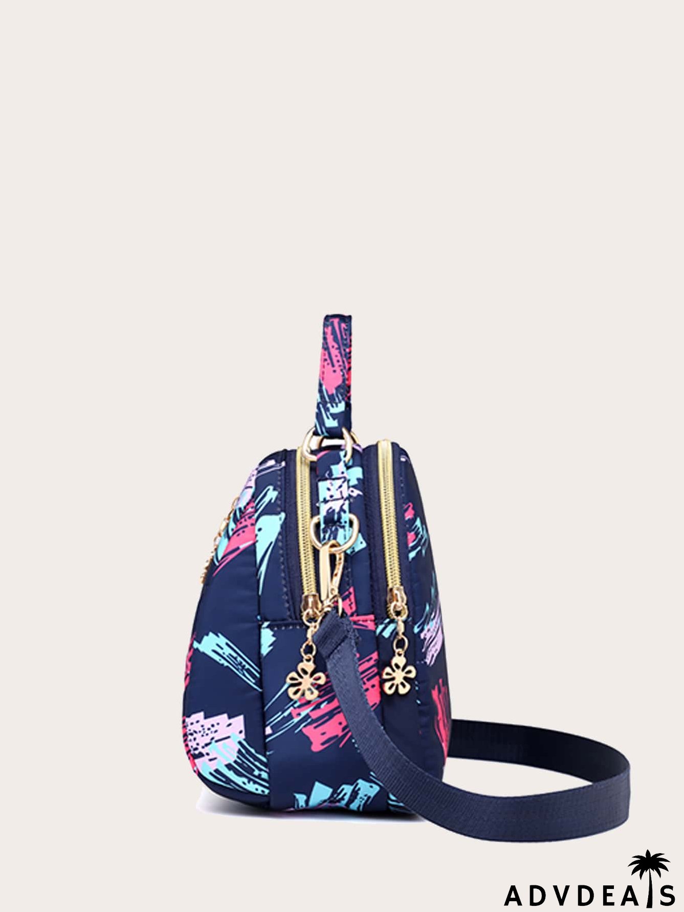 Brush Print Flower Zip Satchel Bag