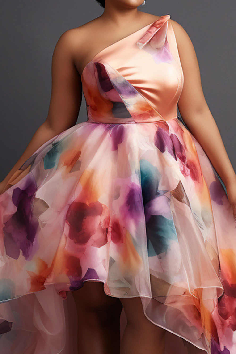 Design Plus Size Semi Formal Elegant Pink Floral Oblique Collar One Shoulder Irregular Hem Tulle Maxi Dresses [Pre-Order]