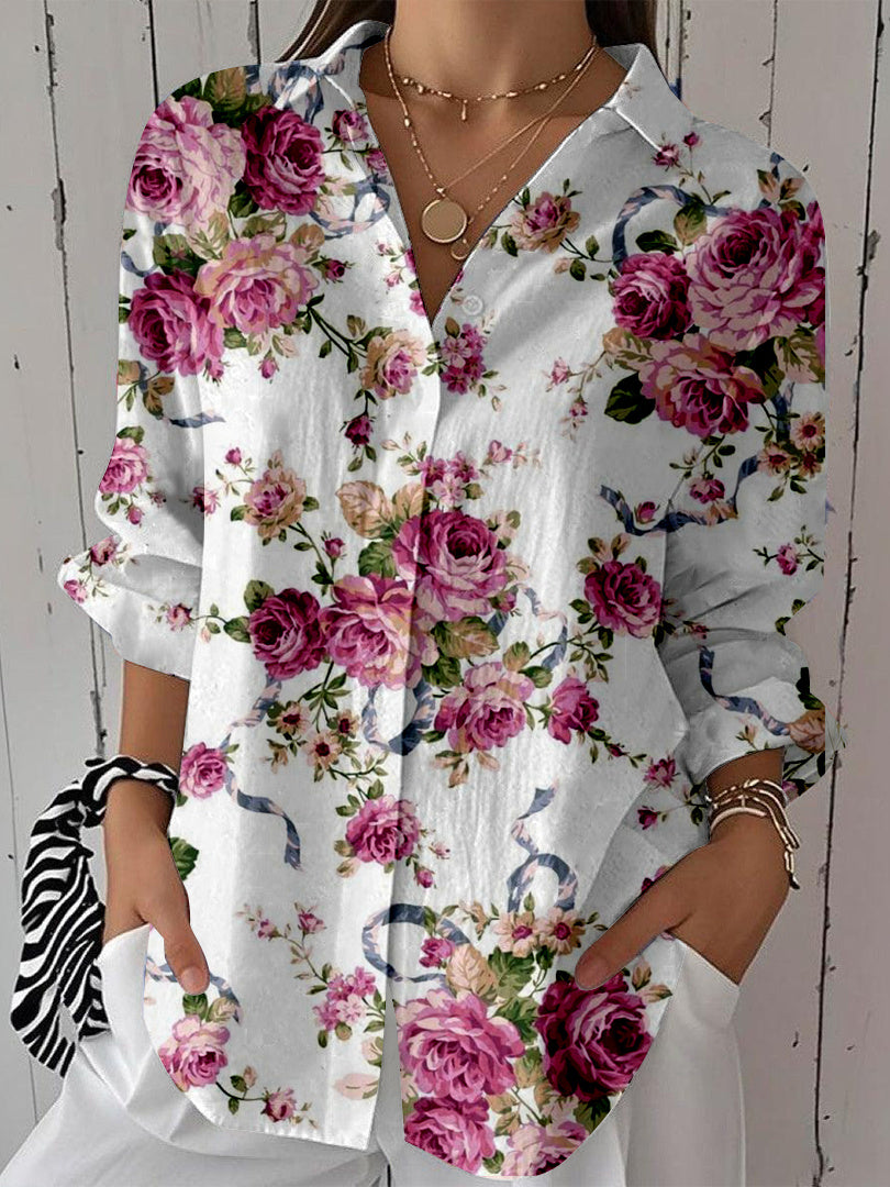 Women Long Sleeve V-neck Graphic Floral Printed Top
