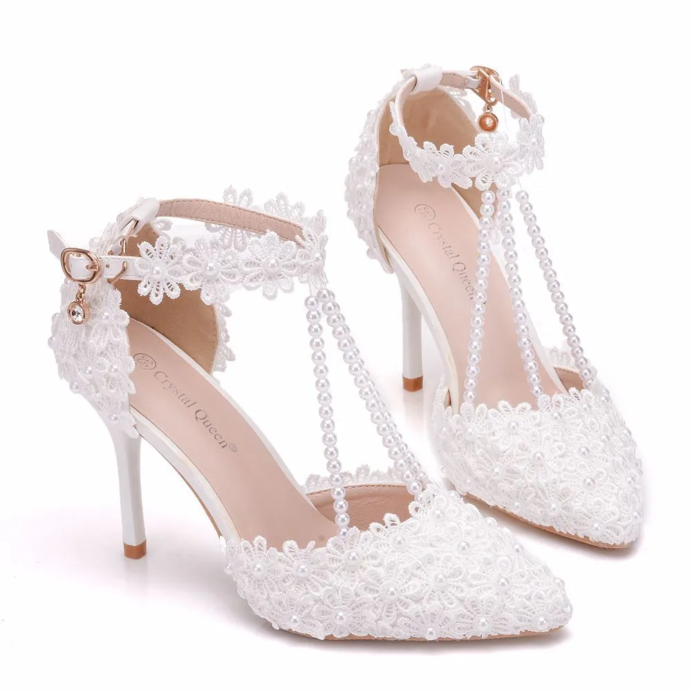 Breakj Breakj White Lace Wedding Shoes One-Word Wristband Bridal Shoes Fine Heel Tip Wedding Shoes Women's Sandals